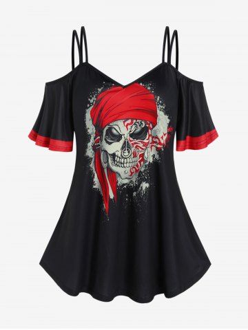Plus Size Gothic Skulls Printed Two Tone Cold Shoulder Tee - BLACK - 3X | US 22-24