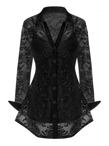 Ensemble de Chemisier Fleur en Dentelle Transparente de Grande Taille avec Haut à Bretelle - BLACK - 4X | US 26-28