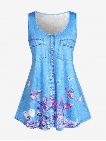 Plus Size 3D Jeans Butterfly Lace Panel Tank Top - BLUE - M | US 10