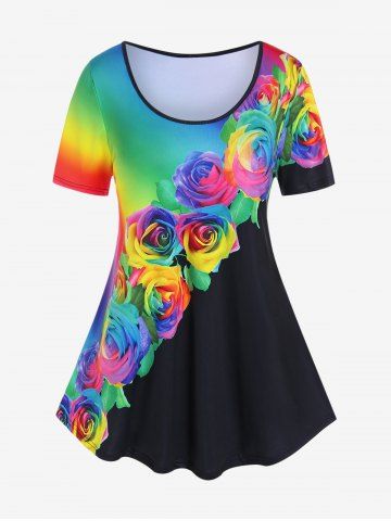 Plus Size Rainbow Color Rose Print Valentines Tee - BLACK - 5X | US 30-32