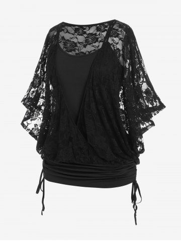 Plus Size Floral Lace Panel Crossover Ruched Cinched Butterfly Sleeves 2 In 1 Top - BLACK - 1X | US 14-16