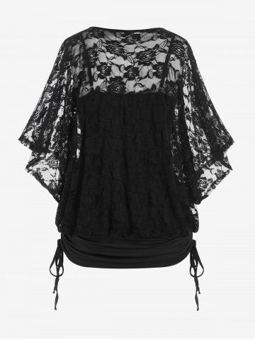 Plus Size Floral Lace Panel Crossover Ruched Cinched Butterfly Sleeves 2 In 1 Top