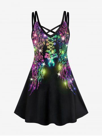 Plus Size 3D Glitter Sparkles Printed Crisscross A Line Dress - BLACK - 2X | US 18-20