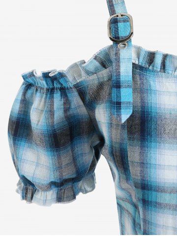 Plus Size Plaid Ruffles Cold Shoulder Tunic Top with Buttons