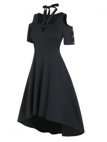 Robe Mi-Longue Haute Basse Décontractée Découpée à Epaule Dénudée en Couleur Unie à Taille Nouée - BLACK - XL