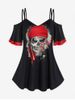 Plus Size Gothic Skulls Printed Two Tone Cold Shoulder Tee -  