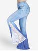 Pantalon en Jean à Patte Cloche avec Empiècements en Dentelle et à Imprimé 3D Grande-Taille - Bleu 