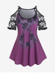 Plus Size Lace Panel Flower Printed Cold Shoulder T Shirt -  