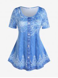 T-shirt à Imprimé 3D Fleur de Grande Taille à Manches Courtes - Bleu 5x | US 30-32