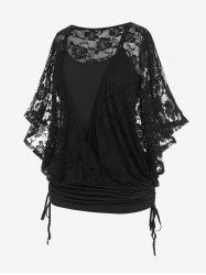 Plus Size Cinched Ruched Batwing Sleeves Lace 2 In 1 Tee -  