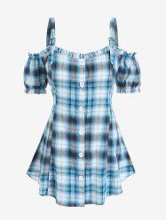 Plus Size Plaid Ruffles Cold Shoulder Tunic Top with Buttons -  