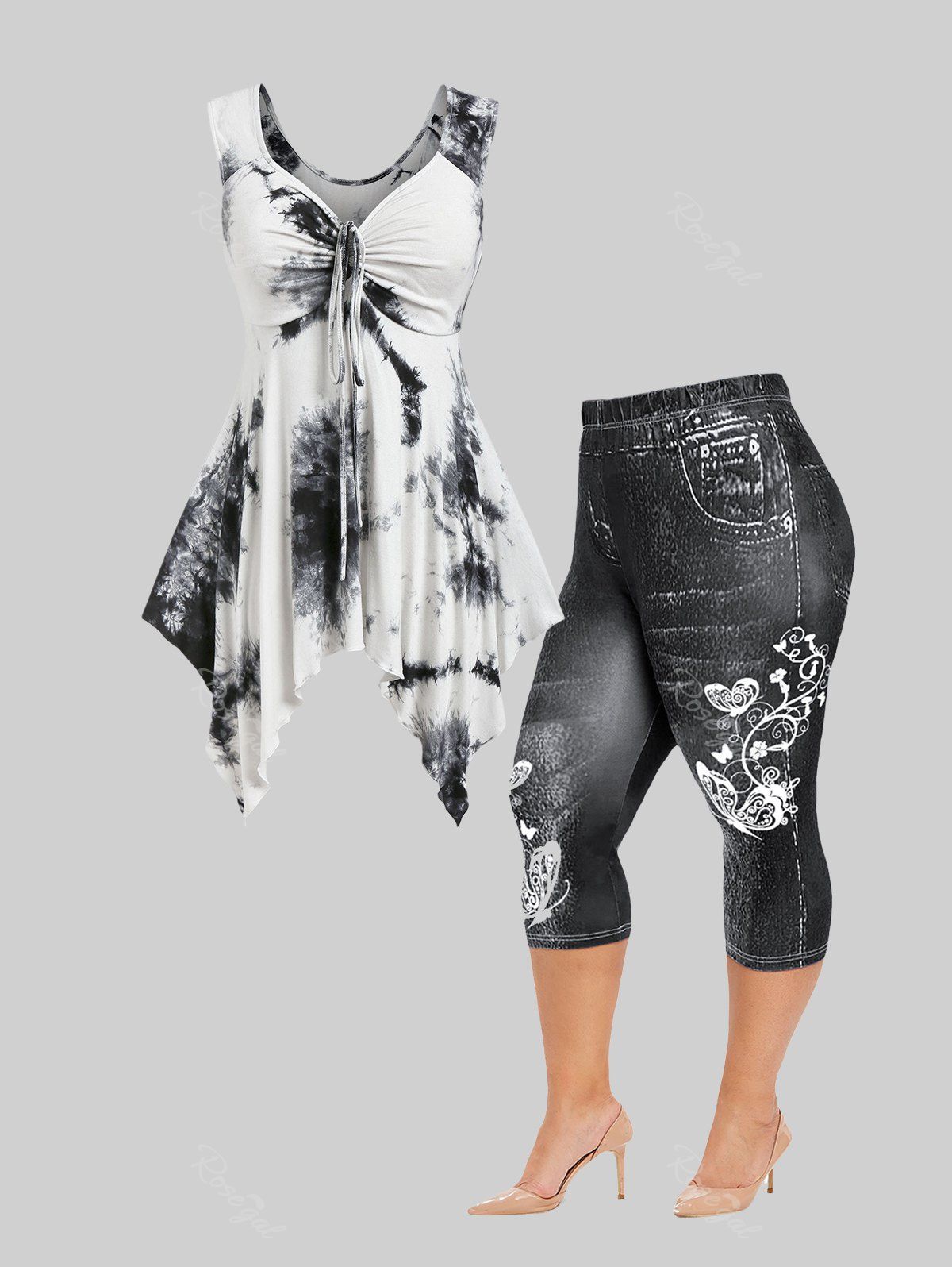Outfits Handkerchief Tie Dye Tank Top and Butterfly 3D Jean Print Leggings Plus Size Summer Outfit  
