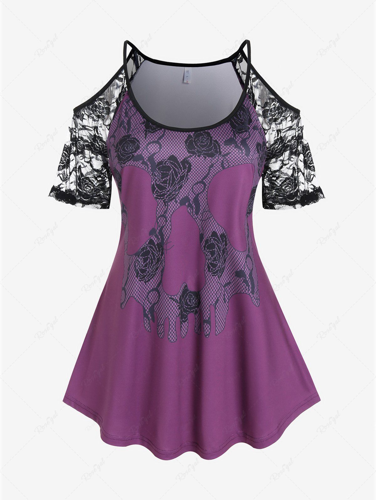 Discount Plus Size Lace Panel Flower Printed Cold Shoulder T Shirt  