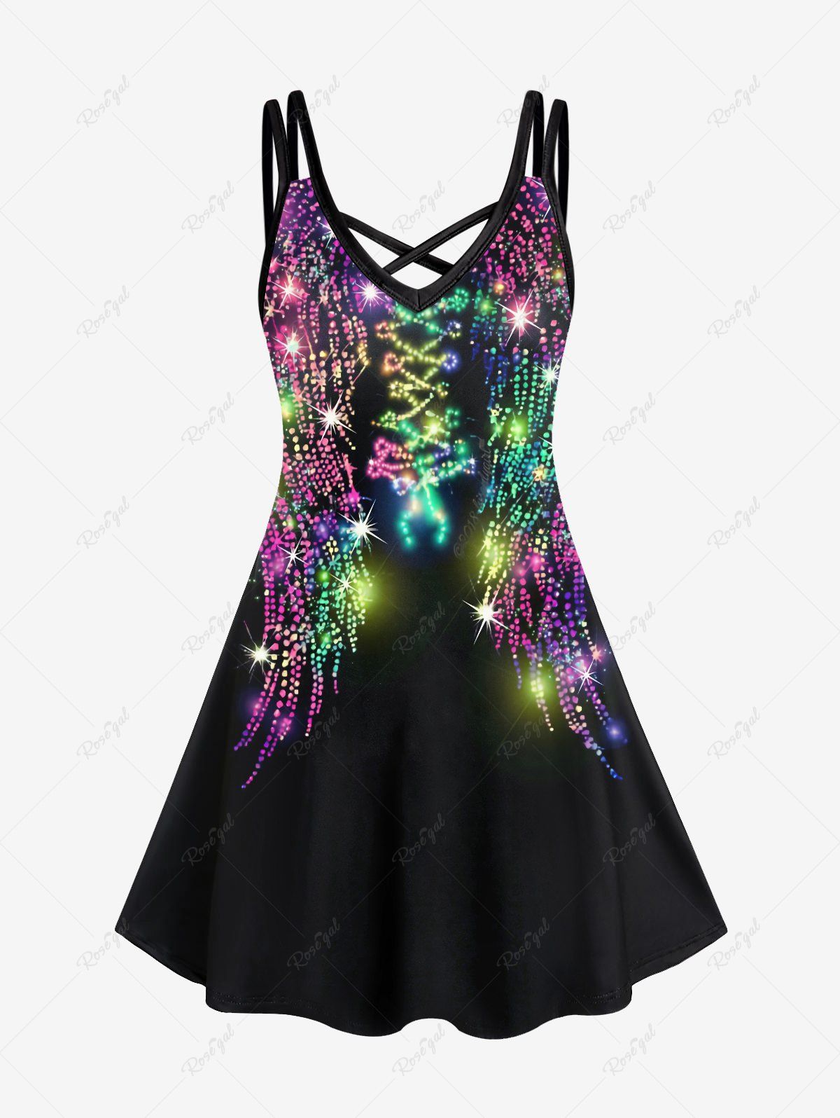 Shop Plus Size 3D Glitter Sparkles Printed Crisscross A Line Dress  