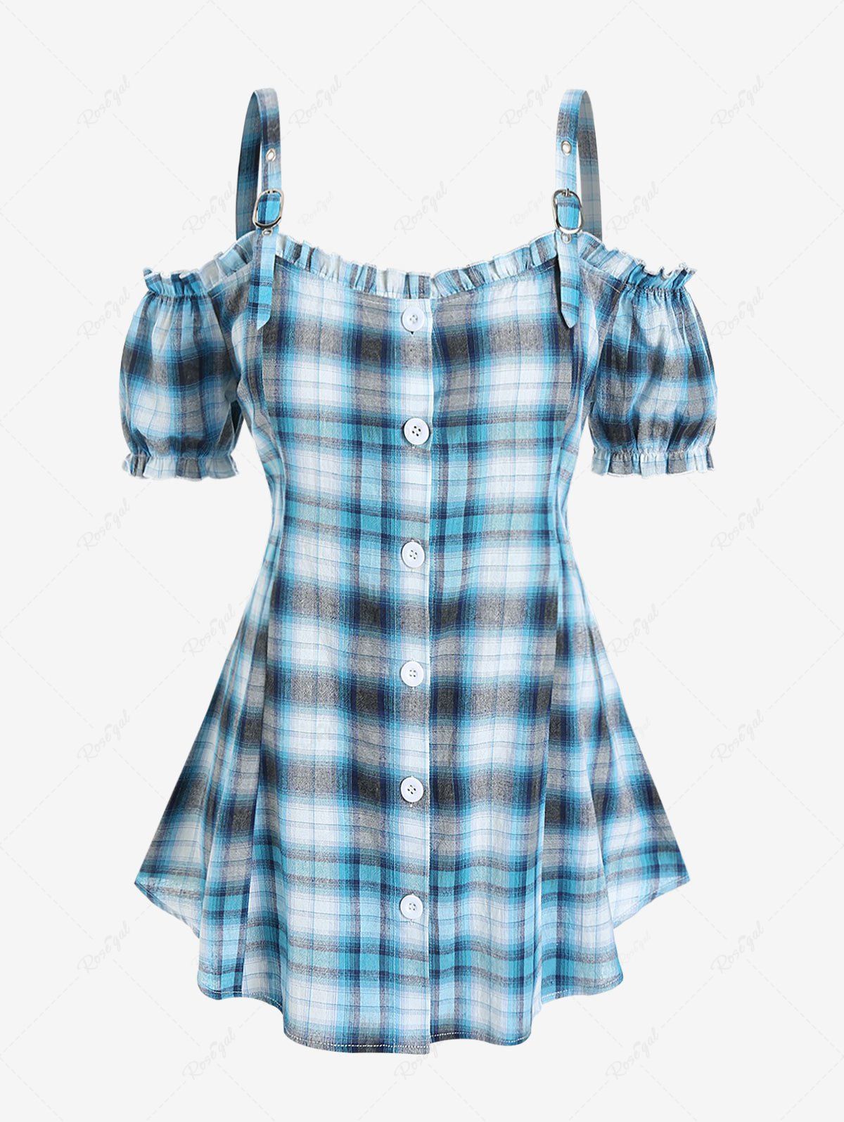 Fashion Plus Size Plaid Ruffles Cold Shoulder Tunic Top with Buttons  