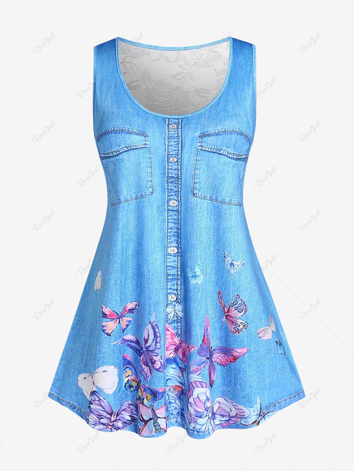 Trendy Plus Size 3D Jeans Butterfly Lace Panel Tank Top  