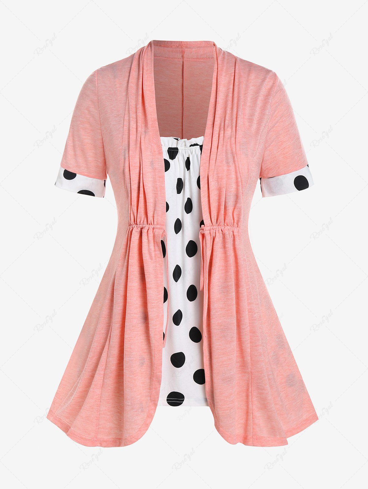 Affordable Plus Size Drawstring Polka Dot 2 in 1 Tee  