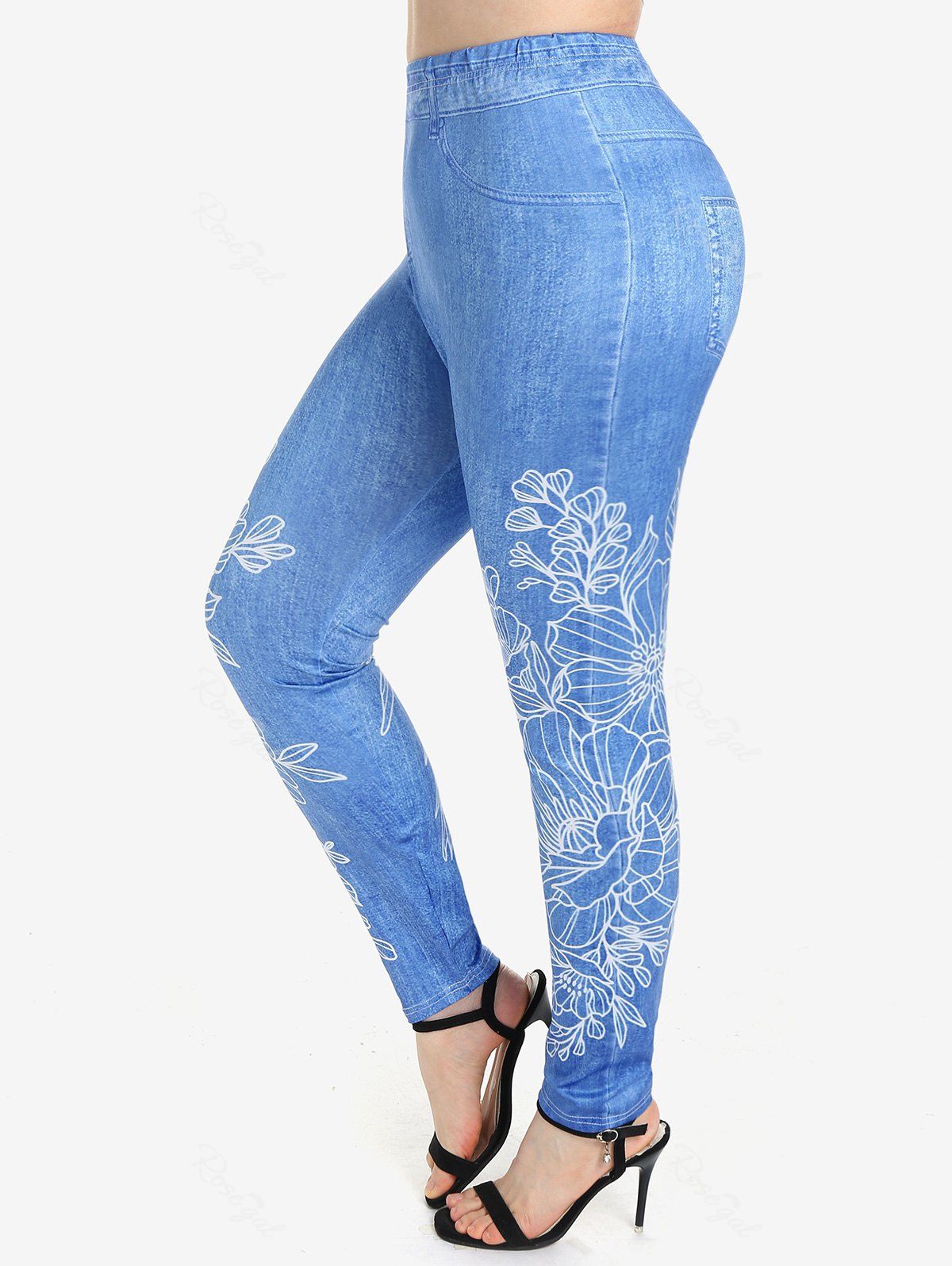Store Plus Size 3D Jeans Flower High Waisted Skinny Leggings  