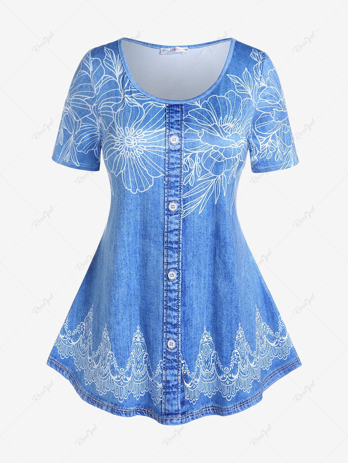 Latest Plus Size 3D Jeans Flower Printed Short Sleeves Tee  