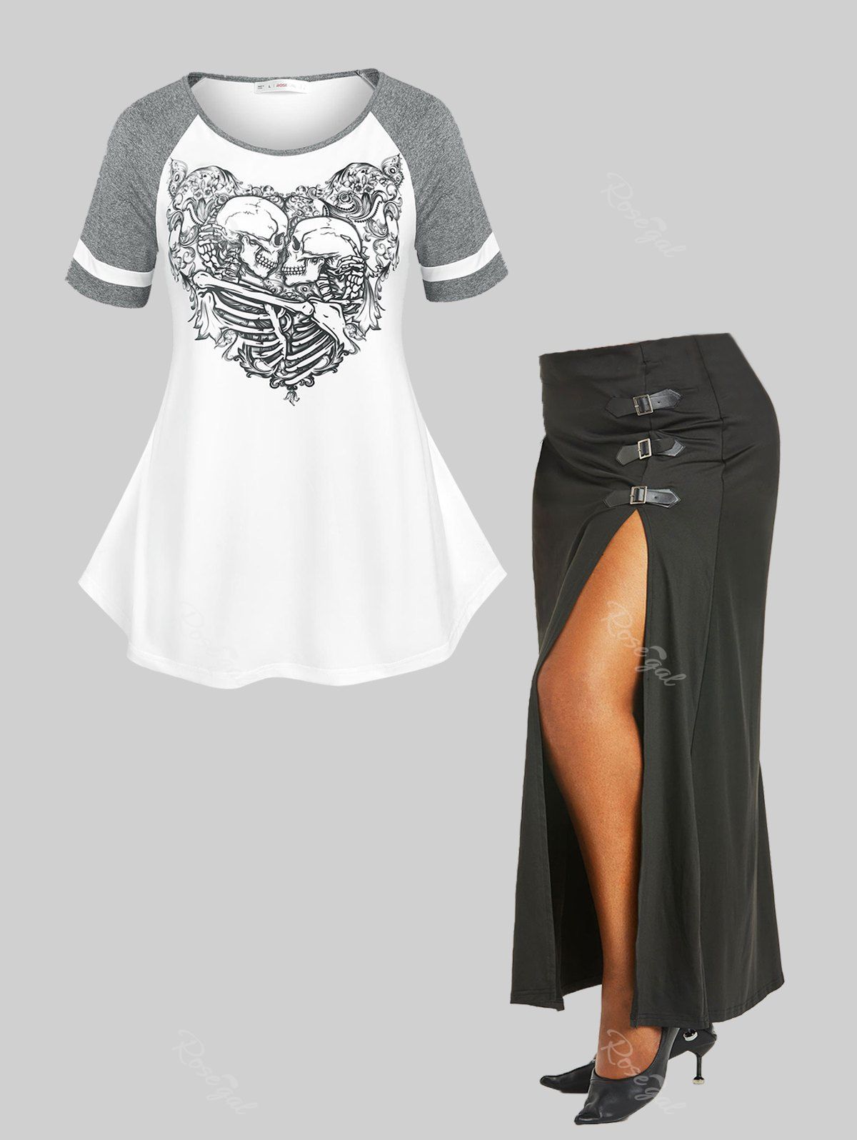 New Gothic Raglan Sleeve Skeleton Tee and Ruched Buckled Skirt Plus Size Summer Outfit  