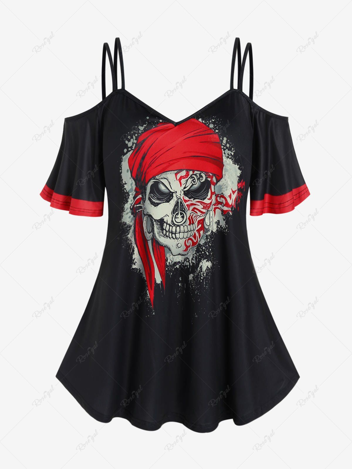Buy Plus Size Gothic Skulls Printed Two Tone Cold Shoulder Tee  