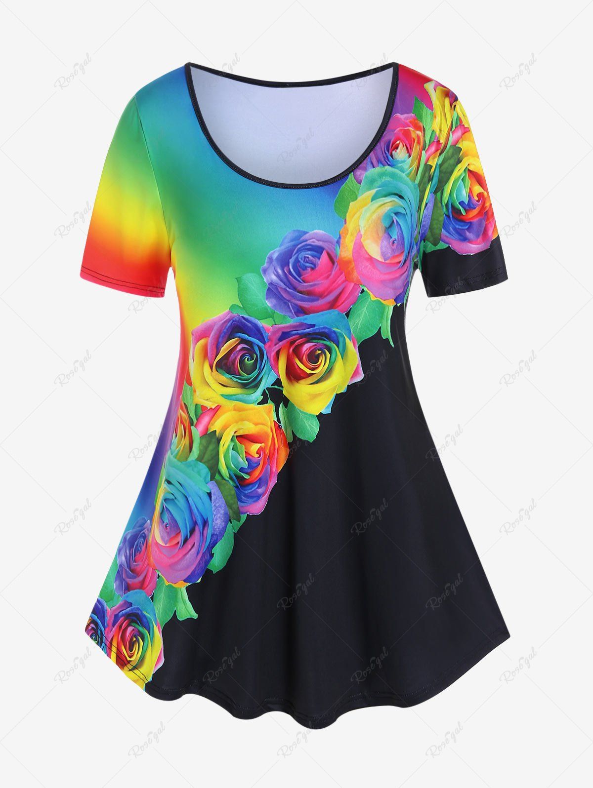 T-shirt à Rose D'arc-en-ciel Grande Taille Noir 5x | US 30-32
