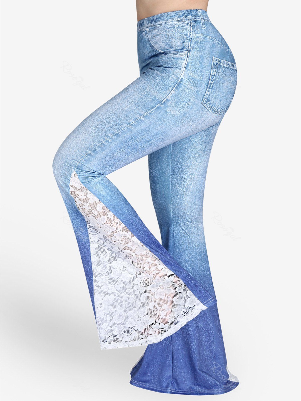 Chic Plus Size Lace Panel 3D Denim Print Bell Bottom Pants  