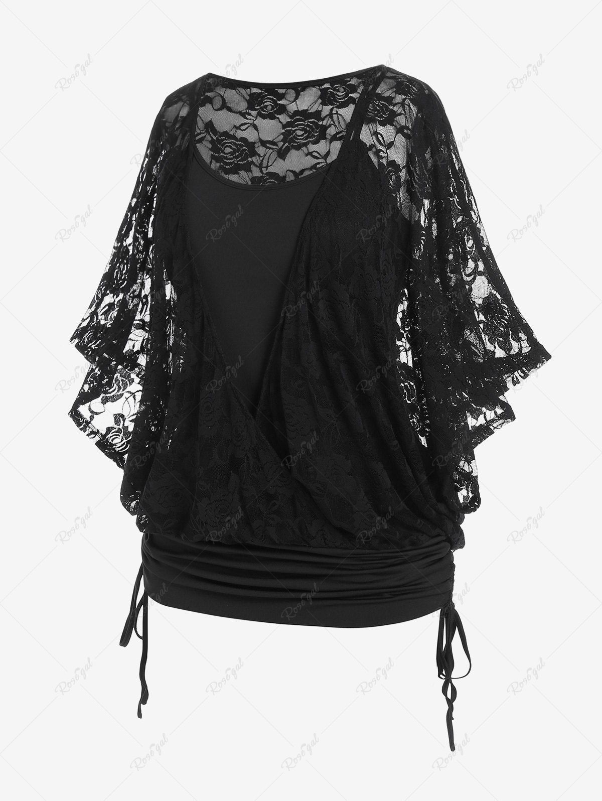 Hot Plus Size Cinched Ruched Batwing Sleeves Lace 2 In 1 Tee  