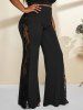 Plus Size Lace Panel High Rise Bell Bottom Pants -  