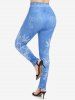 Legging Moulant 3D Fleur de Grande Taille à Taille Haute - Bleu 4X | US 26-28