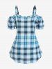 Plus Size Plaid Ruffles Cold Shoulder Tunic Top with Buttons -  