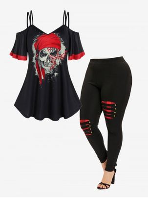 Skulls Printed Colorblock Cold Shoulder Tee and Plaid Ripped Panel Leggings Plus Size Gothic Summer Outfit