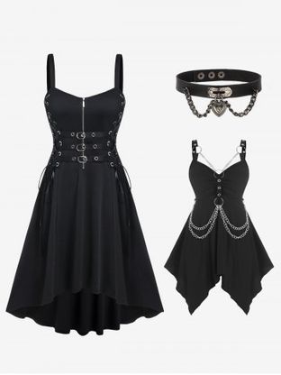 Lace Up Buckled High Low Midi Dress and O Ring Chains Handkerchief Gothic Tank Top with Choker Necklace Plus Size Summer Outfit
