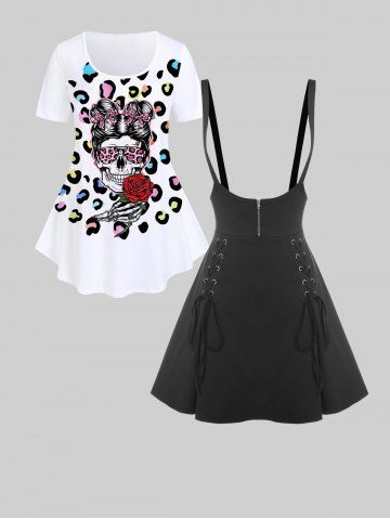 Leopard Skull Tee and Lace Up Mini Suspender Skirt Plus Size Summer Outfit - WHITE
