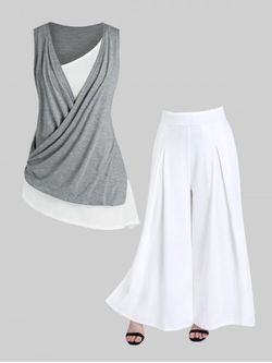 Faux Twinset Asymmetric Tank Top and Wide Leg Culotte Pants Plus Size Summer Outfit - WHITE
