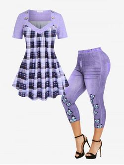 Plaid Pleated Buttons T Shirt and 3D Denim Butterfly Capri High Rise Jeggings Plus Size Summer Outfit - PURPLE