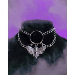 Gothic Skull Moth Chains Layered Pendant Choker Necklace - SILVER
