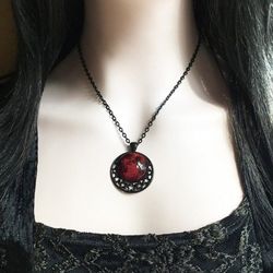 Gothic Moon Glass Embossed Pendent Necklace - BLACK