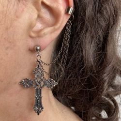 Gothic Cross Chains Cuff Earrings - SILVER