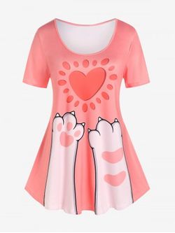 Plus Size Heart Cat Printed Short Sleeves Tee - LIGHT PINK - 2X | US 18-20