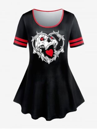 Plus Size Gothic Skull Heart Printed Two Tone Tee