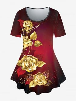 T-shirt Décontracté à Imprimé Rose Grande Taille - RED - 4X | US 26-28