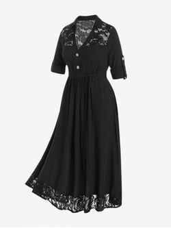 Plus Size Roll Up Sleeve Lace Panel Maxi Dress - BLACK - 3X | US 22-24