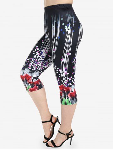 Plus Size Floral Print Polka Dot High Waist Capri Leggings - BLACK - M | US 10