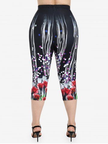 Plus Size Floral Print Polka Dot High Waist Capri Leggings