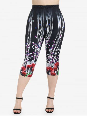 Plus Size Floral Print Polka Dot High Waist Capri Leggings