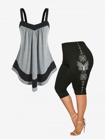 Two Tone Swing Tank Top and Butterfly Print Capri Leggings Plus Size Summer Outfit - GRAY
