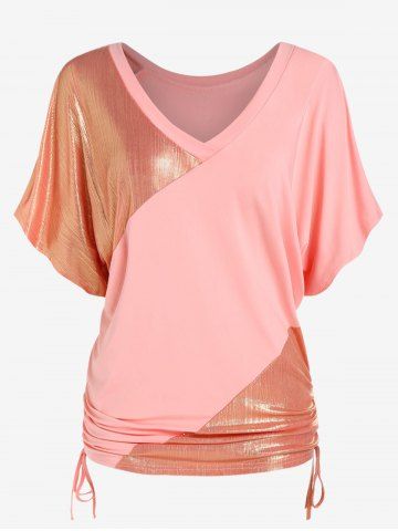 Plus Size Cinched Ruched Metal Patchwork Batwing Sleeves T Shirt - LIGHT ORANGE - M | US 10