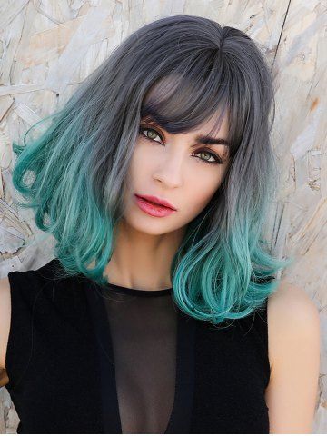 Dark Green Gradient Color Fluffy Bob Wavy Synthetic Wig - MEDIUM TURQUOISE - 14INCH