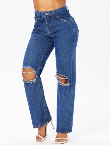 Solid Color Zipper Fly Pockets Wide Leg Casual Long Ripped Jeans - BLUE - M